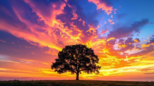 A lone tree silhouetted against a vibrant sunset sky filled with clouds