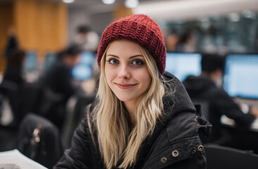 Obraz premium Young blonde woman with blue eyes wearing a textured red knitted beanie and a stylish black leather jacket, smiling confidently in a modern office environment