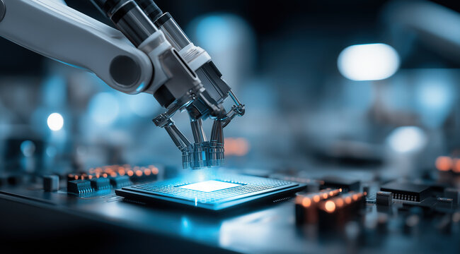 Futuristic robotic arm precisely assembling glowing semiconductor chip on illuminated circuit board.