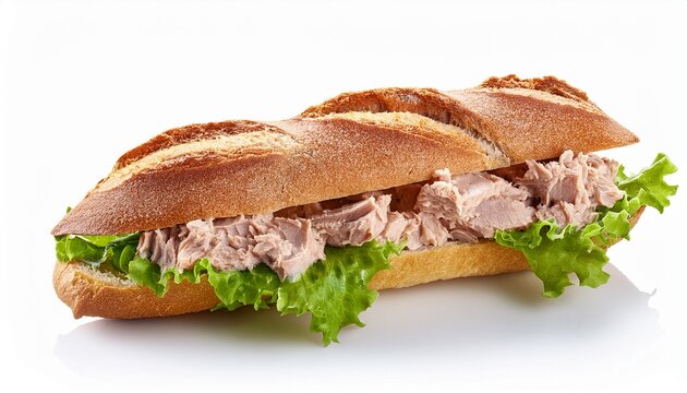 tasty baguette with tuna and lettuce leaves isolated on white background