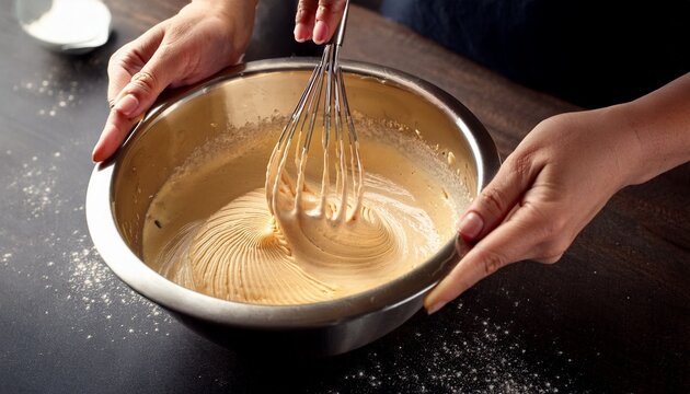 hands mixing cake batter in a bowl