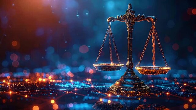 A gilded balance scale against a blurry, luminous digital background, evoking justice