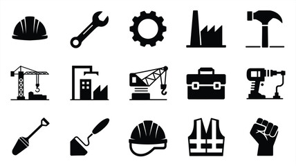 Construction labor day icons set including hard hat wrench gear factory hammer crane building tool box drill shovel safety vest fist industrial silhouette symbols © Shovon