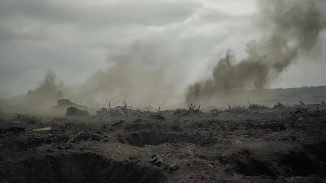Cinematic overlay of smoke and dust rising from construction site excavation with heavy machinery