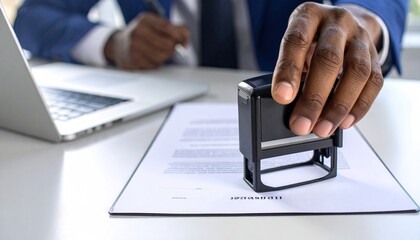 Businessman Stamping Document at Desk