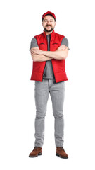 Smiling long-haul truck driver in uniform with crossed arms on white background