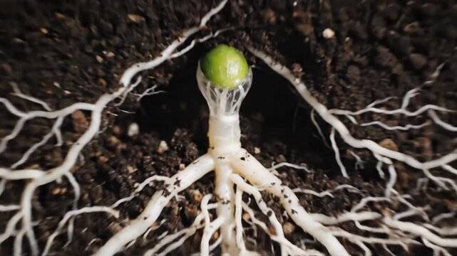 Seedling emerging from soil with a translucent structure enclosing the cotyledons