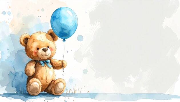 Card Teddy blue bear baptism with balloon