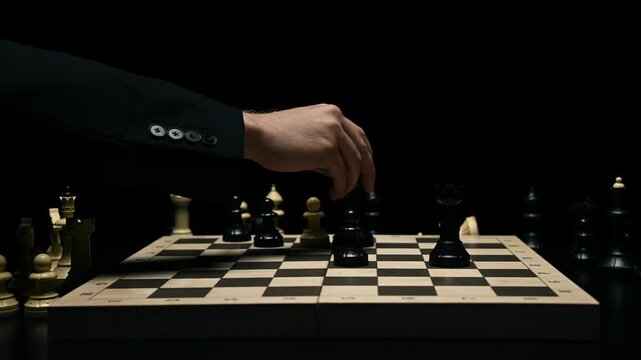 Close-up of a chess player's hands as they checkmate their opponent. Chess game on a black background, with the queen eating the king