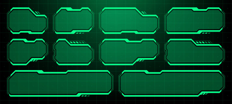 Green head up display with interface elements. Futuristic hud vector graphic dashboard set for vr gaming or virtual reality concept innovation.