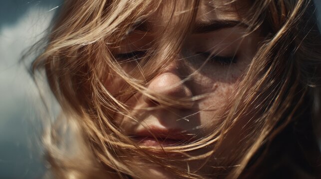 A person is standing outdoors with windswept hair. Their eyes are closed and they show a moment of reflection. The sky has some clouds and sunlight.