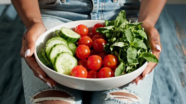 Woman Holding Fresh Healthy Salad Bowl, Vegetarian Food Concept