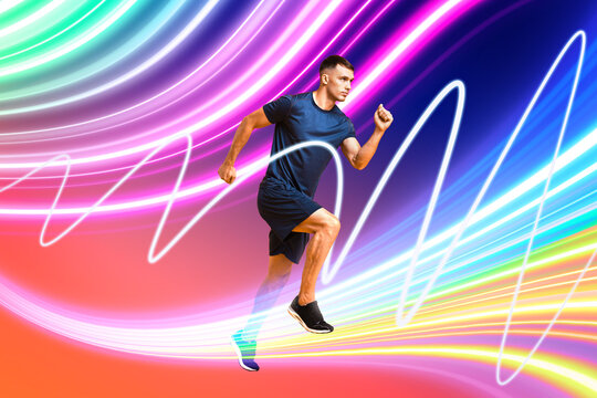 Sporty man running on colorful background. Bright neon lines symbolizing energy and motion