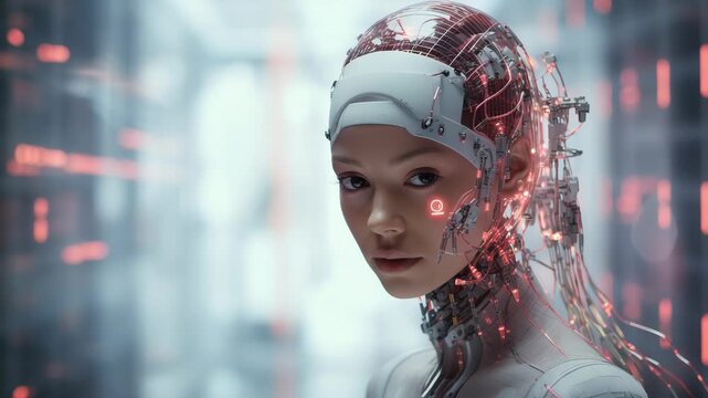 Cyborg woman with glowing red circuits.