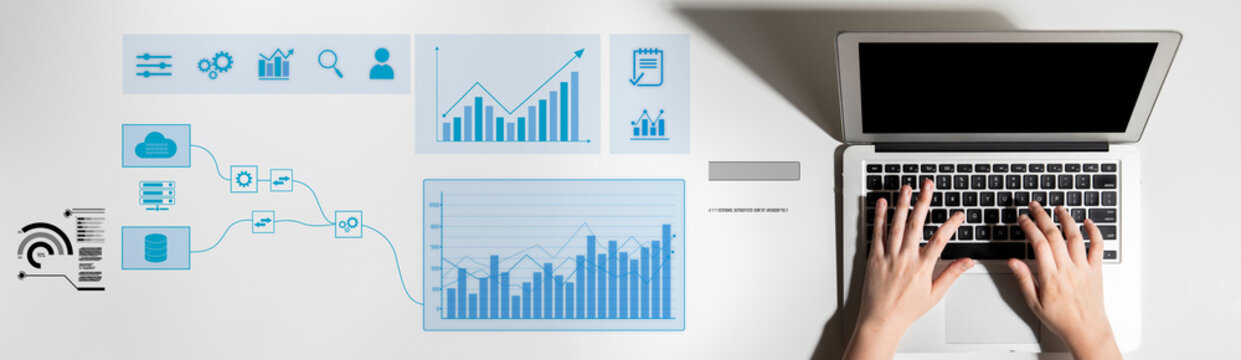 Data flow from database and cloud to processing and analytics dashboards, representing data analysis, automation, insight generation, and digital intelligence Latch