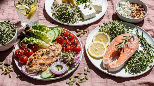 Healthy Food Platter Grilled Chicken, Salmon, Salad, and Fresh Ingredients for a Balanced Meal