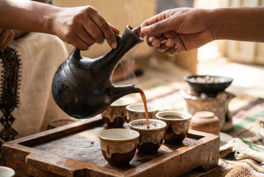 A person pours traditional Ethiopian coffee from a black clay jebena into small cups during a coffee ceremony.