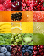 Various fruits, berries and mint leaves combined by colors, collage. Closeup view © New Africa