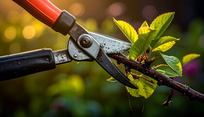 Close-up of garden shears trimming a branch with vibrant green leaves