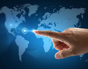 Hand pointing on a glowing map projection, highlighting a location