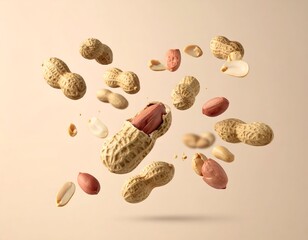 Scattered shelled and unshelled groundnuts in mid-air on a neutral background