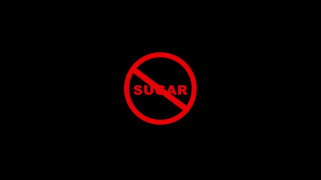 Sugar prohibition sign animation, black background. Caution warning symbol, alert, error sign, security protection. Motion graphics of stop red circle concept