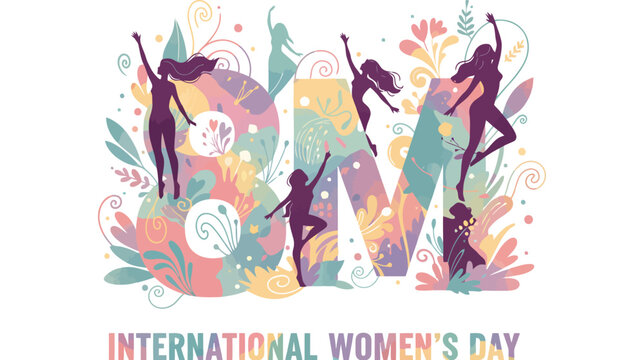 International Women's Day illustration with female silhouettes and floral 8M typography on white background - International Women's Day
