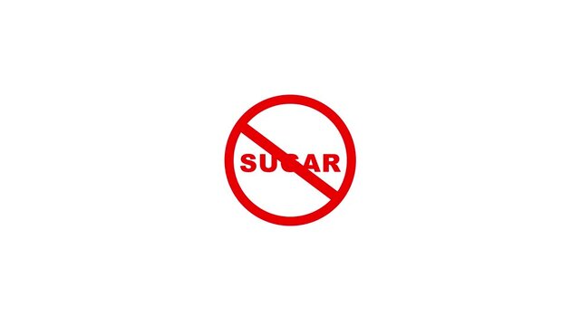 Sugar prohibition sign animation, black background. Caution warning symbol, alert, error sign, security protection. Motion graphics of stop red circle concept