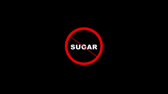 Sugar prohibition sign animation, black background. Caution warning symbol, alert, error sign, security protection. Motion graphics of stop red circle concept