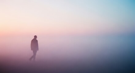 Fototapeta premium A lone person's tranquil journey through a vast, ethereal mist, blending into the soft, pastel hues of a fading light