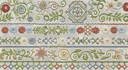 Vibrant floral and geometric embroidery pattern with intricate designs and colorful motifs on white background.