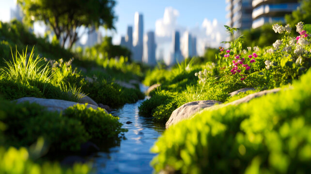 Sustainable Stormwater Flow Through Lush Green Pockets in Modern Urban Cityscape