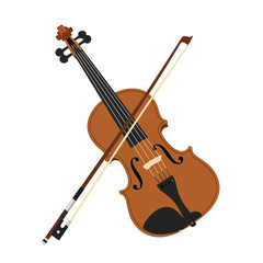 Illustration of a violin and bow on a white background.
