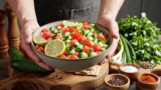 Fresh Tabbouleh Salad with Tomatoes, Cucumbers  Lemon Healthy Food Concept