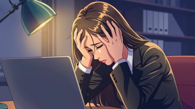 Overwhelmed Professional at Workplace: A professional woman, weighed down by the stresses of her demanding career, sits dejected at her desk in a dimly lit office.
