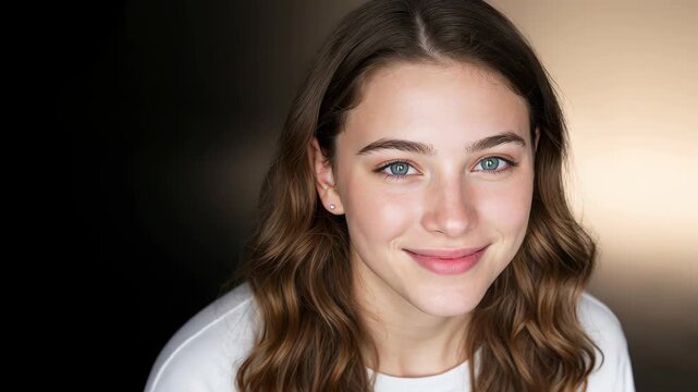 Radiant Smile: A young woman with captivating eyes radiates positivity and confidence, her gentle smile portraying a warm, approachable personality. 