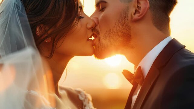 Wedding Kiss: A tender moment of pure love as a bride and groom share a passionate kiss bathed in the warm glow of the setting sun.