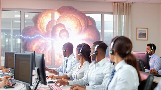 Customer Service Under Pressure: A team of customer service representatives remains focused at their desks, seemingly unfazed by a simulated explosion occurring outside their office window.