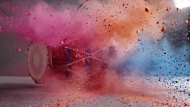 Vibrant explosion of pink, orange, and blue powders bursting from a conga drum, creating a dynamic, colorful scene,Holi,Festival of Colors,4th March
