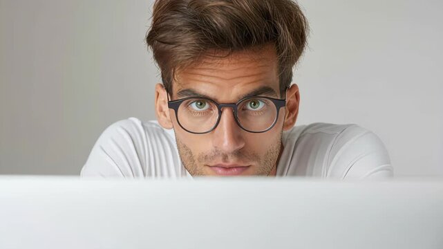 Intense Gaze: A focused individual in glasses stares intently, conveying a sense of deep concentration and attention