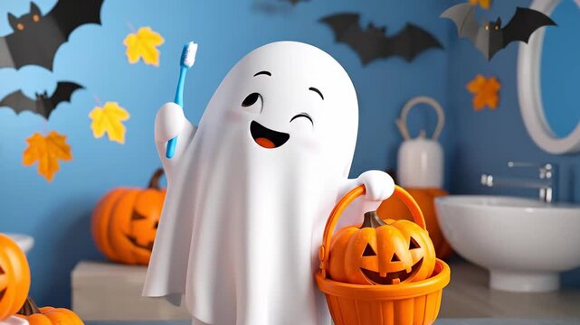 Halloween Ghost with Toothbrush and Pumpkin Basket
