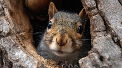 A squirrel looks out from a hollow in a tree. The scene shows the animal's curious expression against the wooden background. Sunlight filters through leaves.