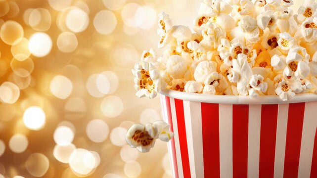 Popcorn Delight: A close-up shot of a classic popcorn container overflowing with fluffy, golden popcorn kernels, illuminated by a warm, inviting glow. 