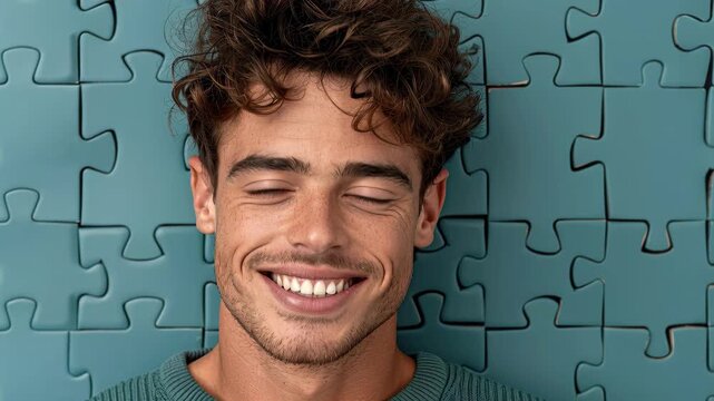 Inner Peace Embodied: A person radiates tranquility, their eyes gently closed, a serene smile gracing their features against a backdrop of puzzle pieces, symbolizing the harmony of solved challenges.
