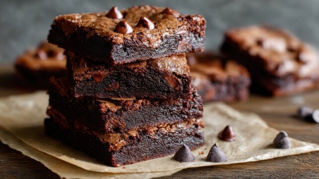 A group of brownies sits on a piece of brown paper. Some chocolate chips rest on top of the stacked brownies. More brownies are visible in the background. They look rich and chocolaty.