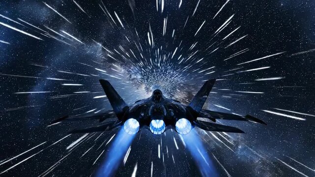 Into the Cosmos: An aerial view captures a fighter jet soaring at warp speed through a star-studded expanse, leaving streaks of light that tell tales of daring interstellar journeys and exploration.