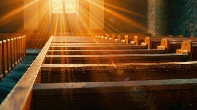 Radiant sanctuary: A beam of sunlight streams through a stained-glass window, illuminating rows of wooden pews in a serene house of worship. Evoking feelings of peace and contemplation.