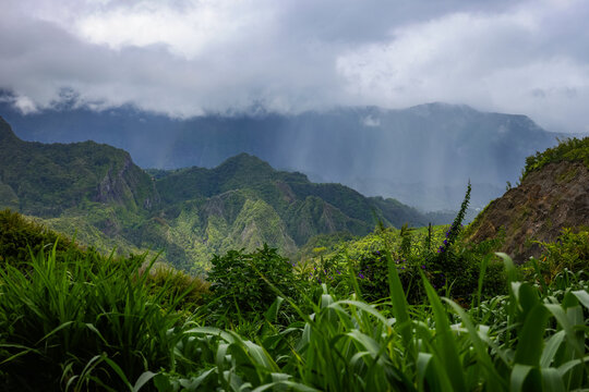 Scenic cloudy landscape of Cirque de Salazie, La Reunion island, French oversea department, Indian Ocean	