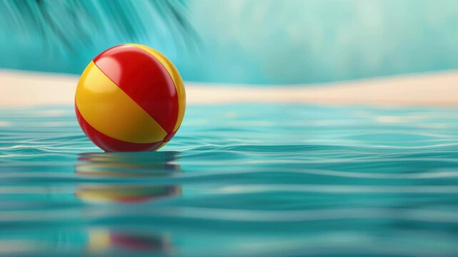 Beach Ball Amidst the Waves: A vibrant beach ball bobs playfully on the water's surface, set against the backdrop of a serene ocean and sandy shore. The ball's striking colors create a joyful.