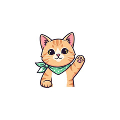Obraz premium Adorable cartoon orange tabby cat with a green polka-dot bandana waving its paw in a friendly manner on a clean background